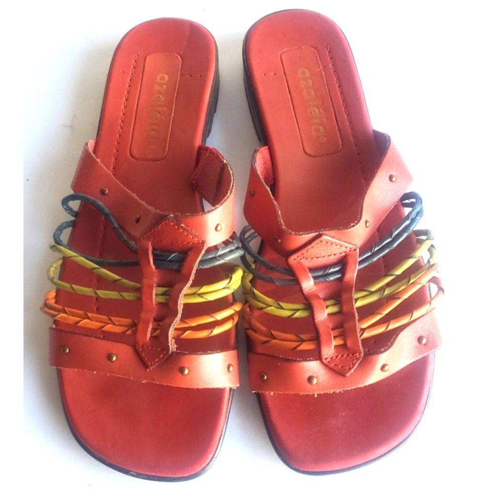AZALEIA Sandals Womens 7.5 M Leather Open Toe Red Boho Hippy Multicolor